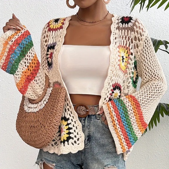 Crochet Rainbow 🌈 open Knit crochet Cardigan Sweater with Big Bell Sleeves - Picture 3 of 6